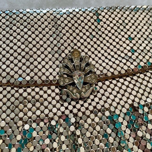 Whiting & Davis Co. Vintage Silver Mesh Evening Bag Clutch Rhinestone Closure - Picture 3 of 16